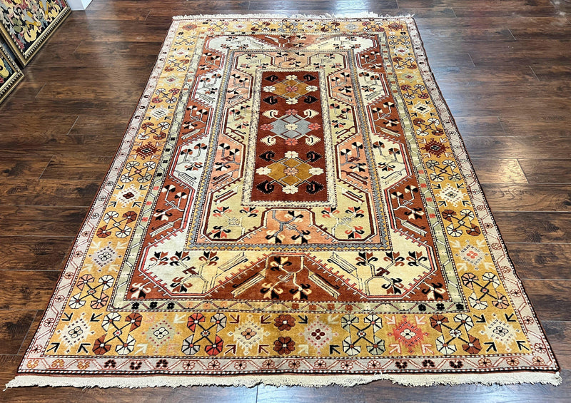 Turkish Rug 7x10, Wool Hand Knotted Vintage Carpet, Geometric Kazak Pattern by Jewel Rugs