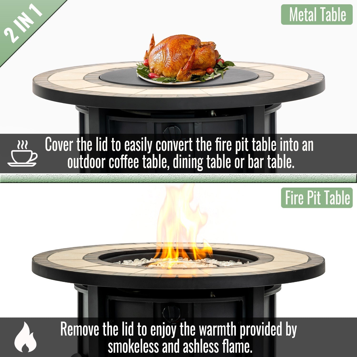 30" Propane Gas Fire Pit Table with Mosaic Ceramic Tabletop by HouseOfZazla