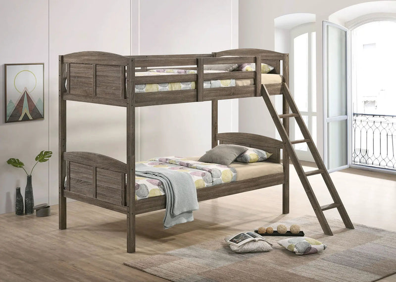 Flynn Wood Twin Over Twin Bunk Bed with Mattress Weathered Brown by Unique Piece Furniture