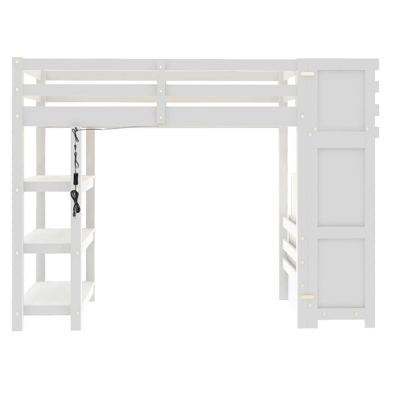 Loft Bed With 4 Layer Shelves, Storage Staircase, Small Wardrobe And LED Light