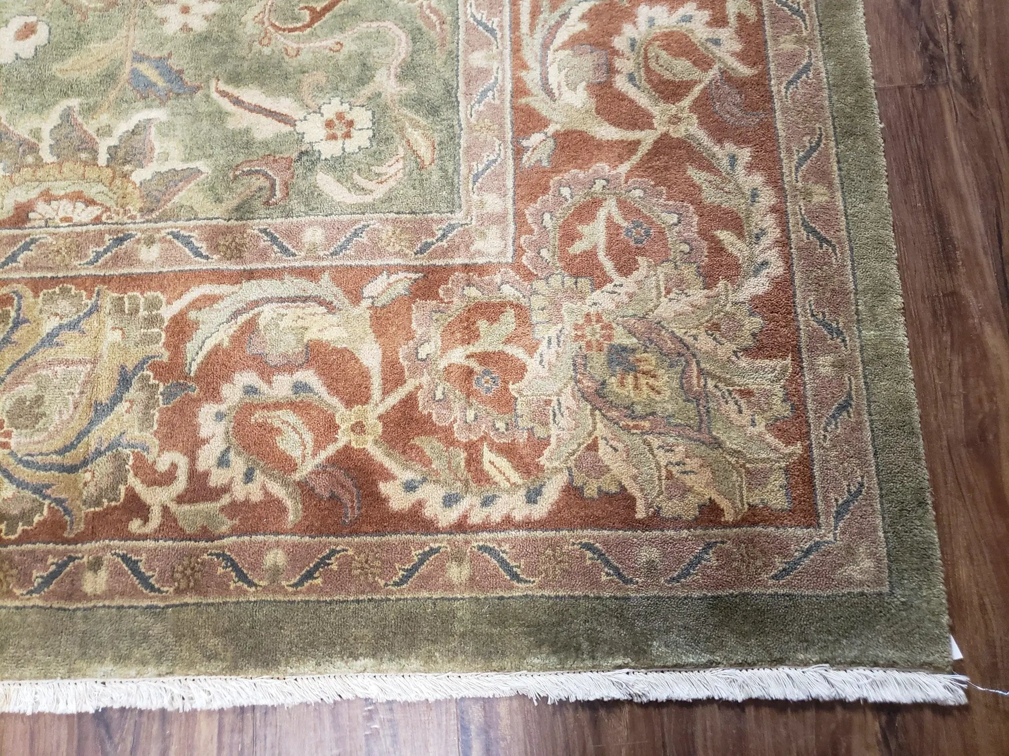 Green Indo Mahal Area Rug 9x12, Wool Hand-Knotted Carpet by Jewel Rugs