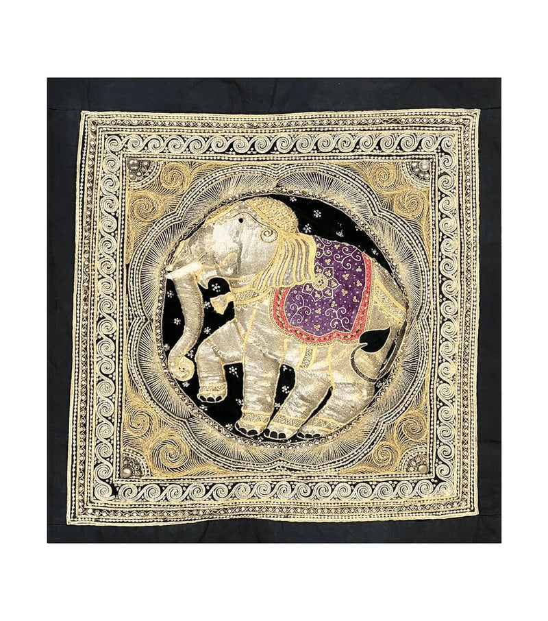 Indian Embroidery 3x3, Elephant Design, Detailed Needlepoint, Beadwork by Jewel Rugs