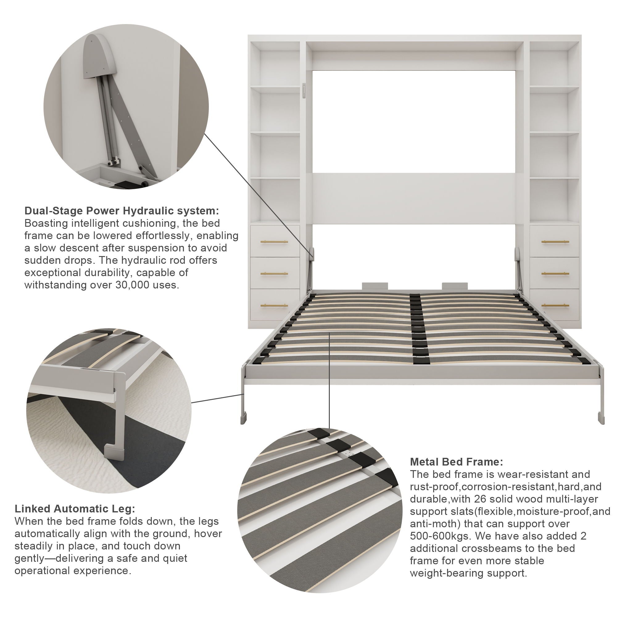 Queen Size Murphy Wall Bed With Side Storage Cabinets - White by HouseOfZazla