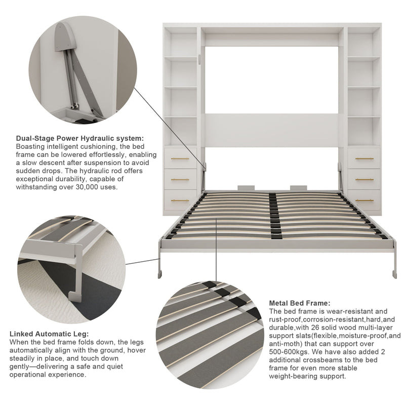 Queen Size Murphy Wall Bed With Side Storage Cabinets - White by HouseOfZazla