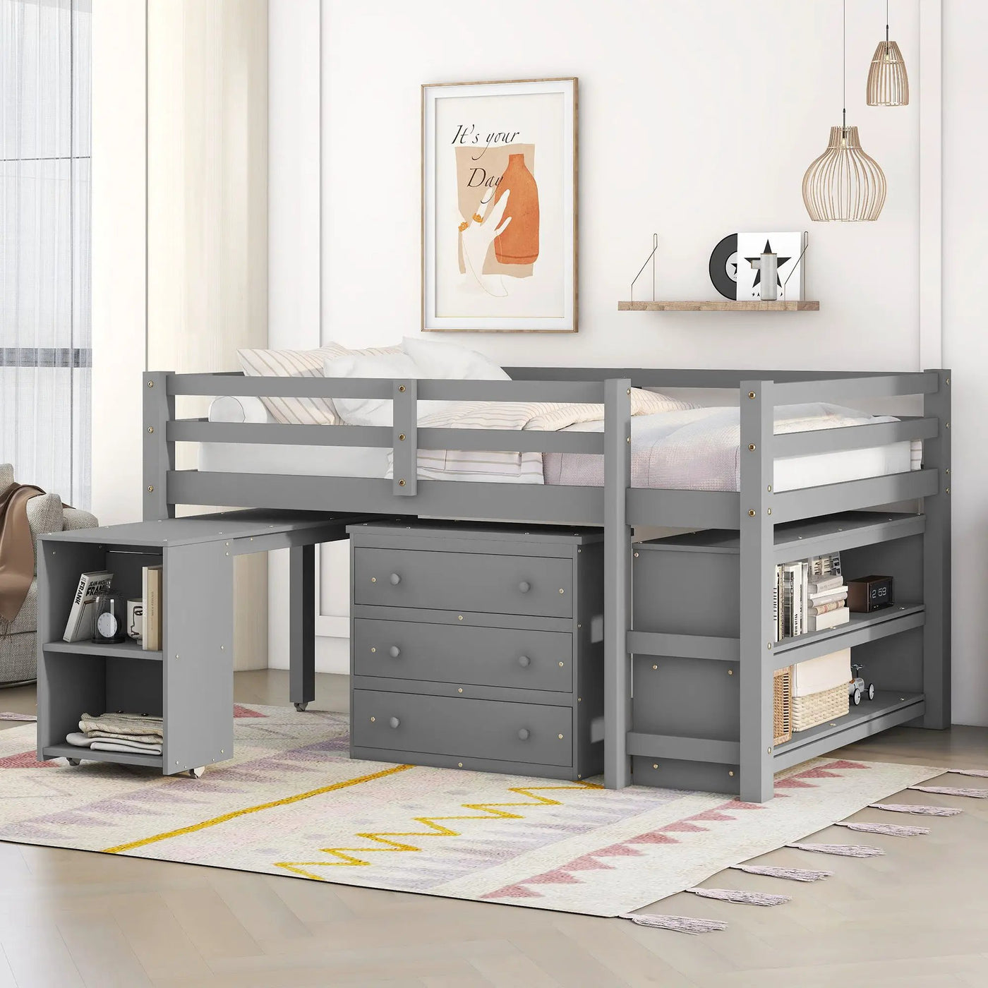 Loft Low Study Bed With Cabinet, Shelves And Rolling Portable Desk, Multiple Functions by Unique Piece Furniture