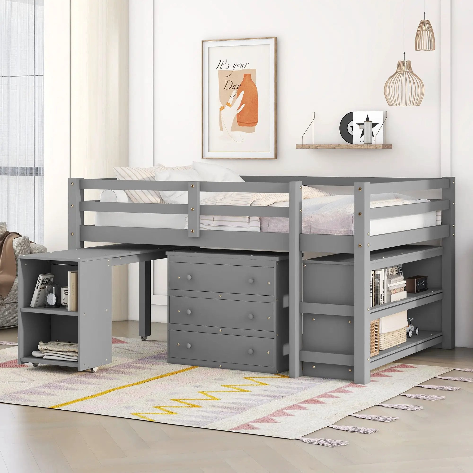 Loft Low Study Bed With Cabinet, Shelves And Rolling Portable Desk, Multiple Functions by HouseOfZazla