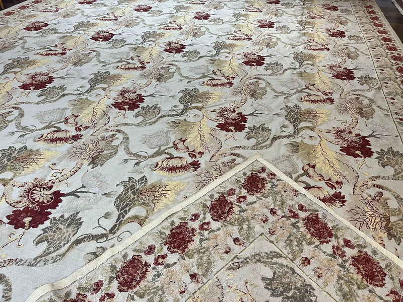 Extra Large Needlepoint Rug 14 x 20, Vintage Handwoven Handmade Wool Flatweave Carpet, Allover Floral Pattern, Elegant European Deisgn Rug by Jewel Rugs