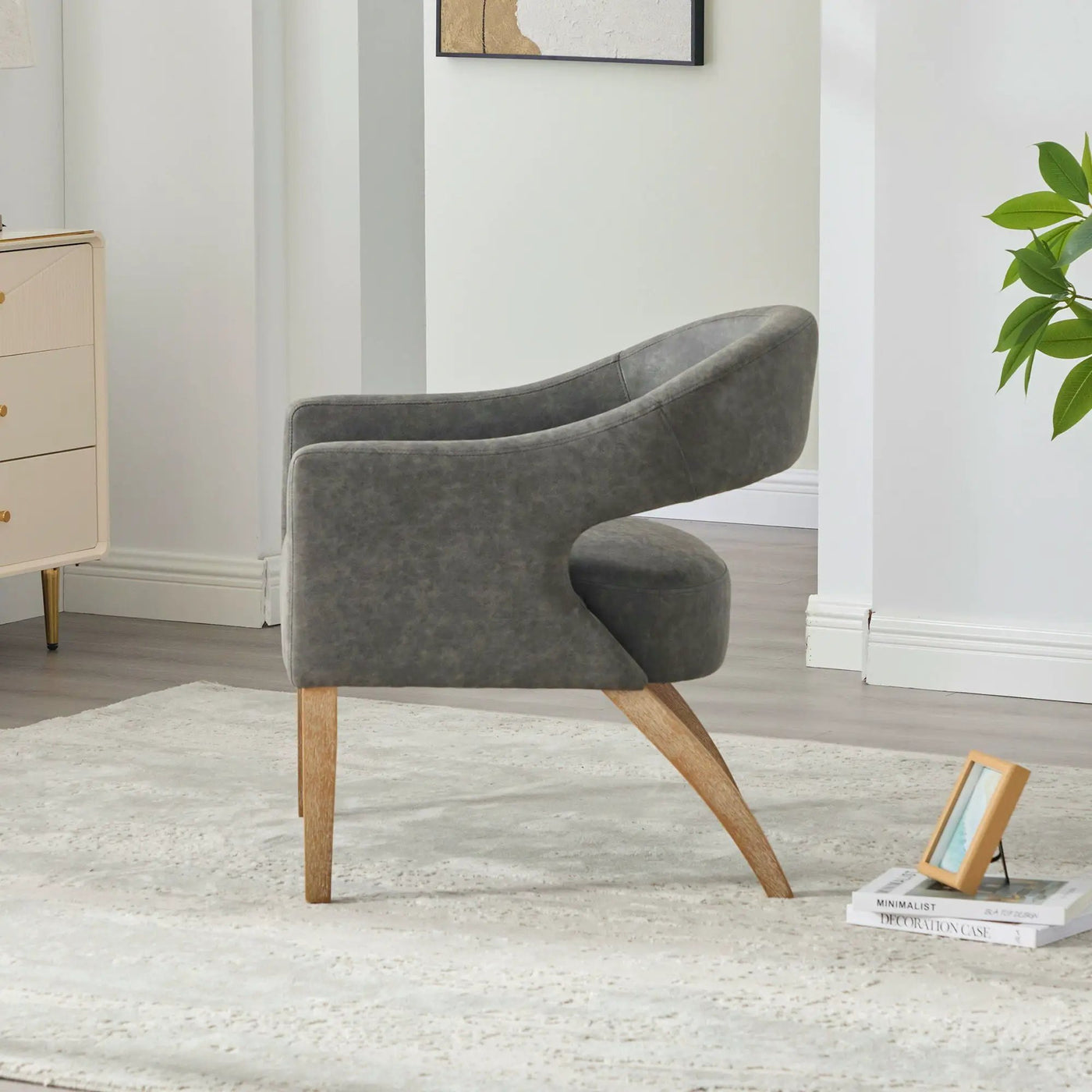 Upholstered Open Back Armchair With Weathered Rubberwood Legs by Unique Piece Furniture