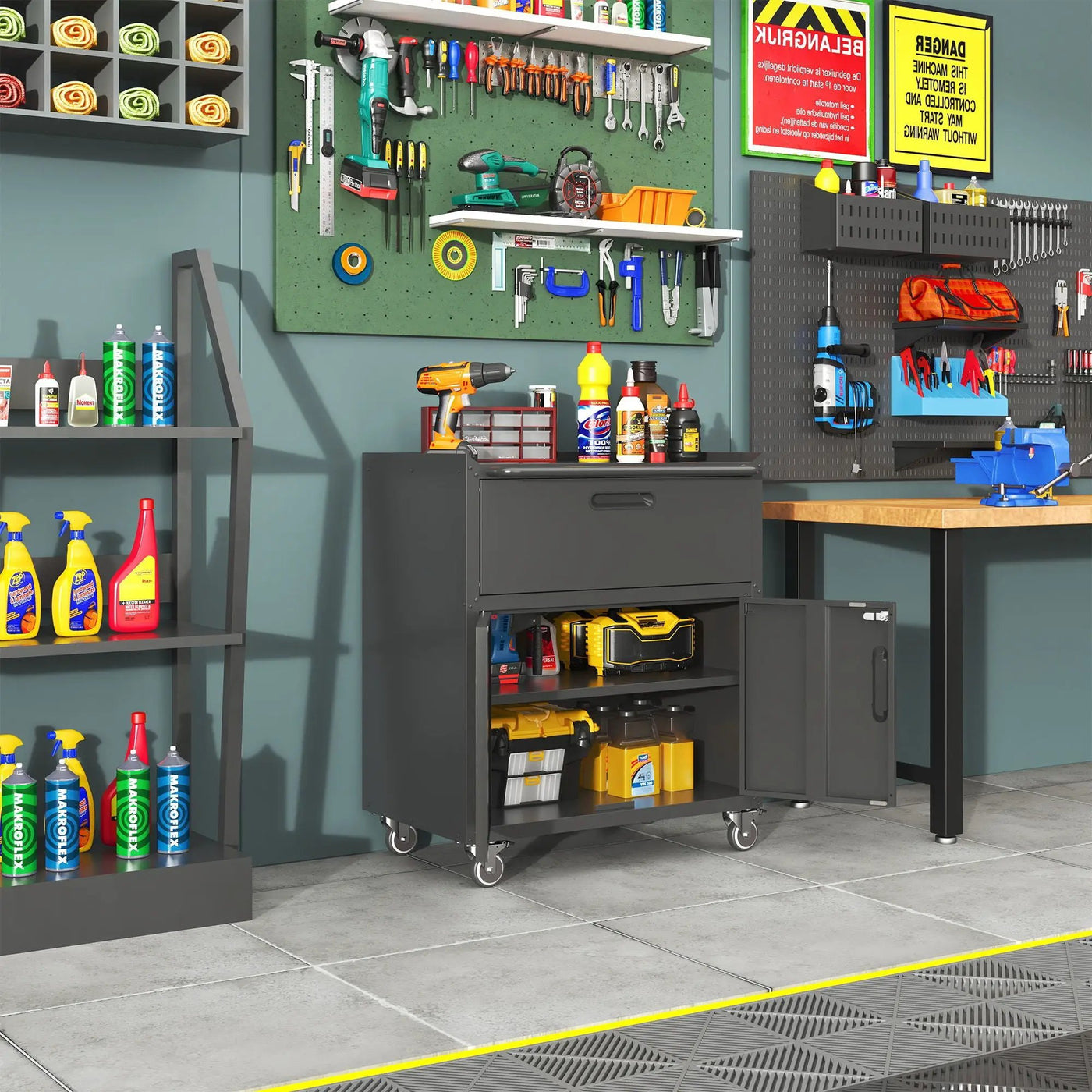 Sturdy And Durable Metal Tool Cabinet For Garage With Wheels Mobile Heavy Duty Storage Cabinet With 1 Drawer And 2 Locking Doors by HouseOfZazla