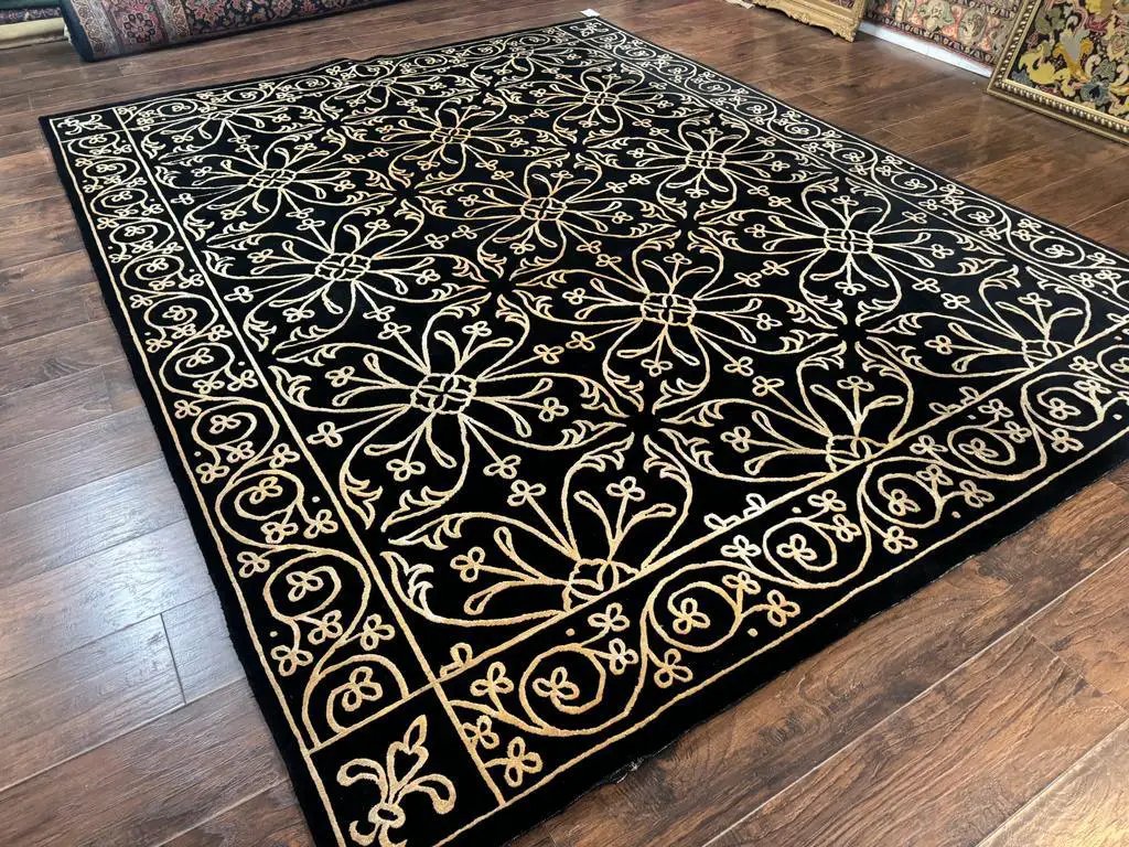 Tibetan Rug 8x10, Wool and Silk, Raised Pattern, Black and Gold, Floral by Jewel Rugs