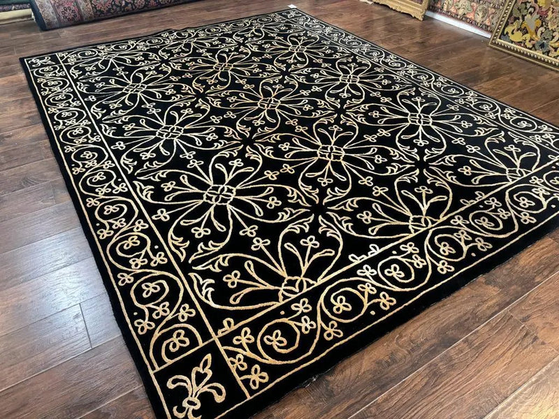 Tibetan Rug 8x10, Wool and Silk, Raised Pattern, Black and Gold, Floral by Jewel Rugs