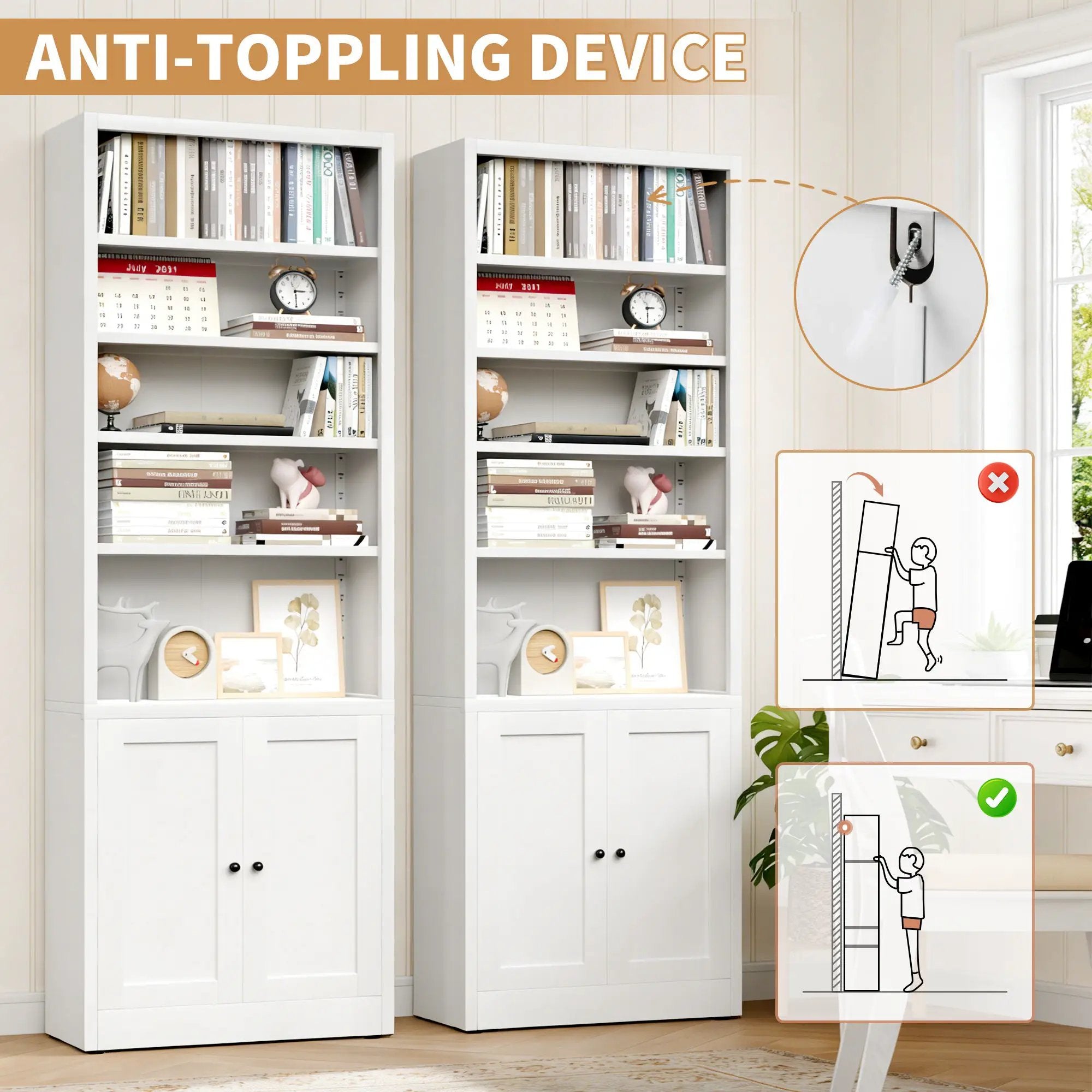 Bookcase Tall 5-Tier Adjustable Storage Shelf With Door Deep - White