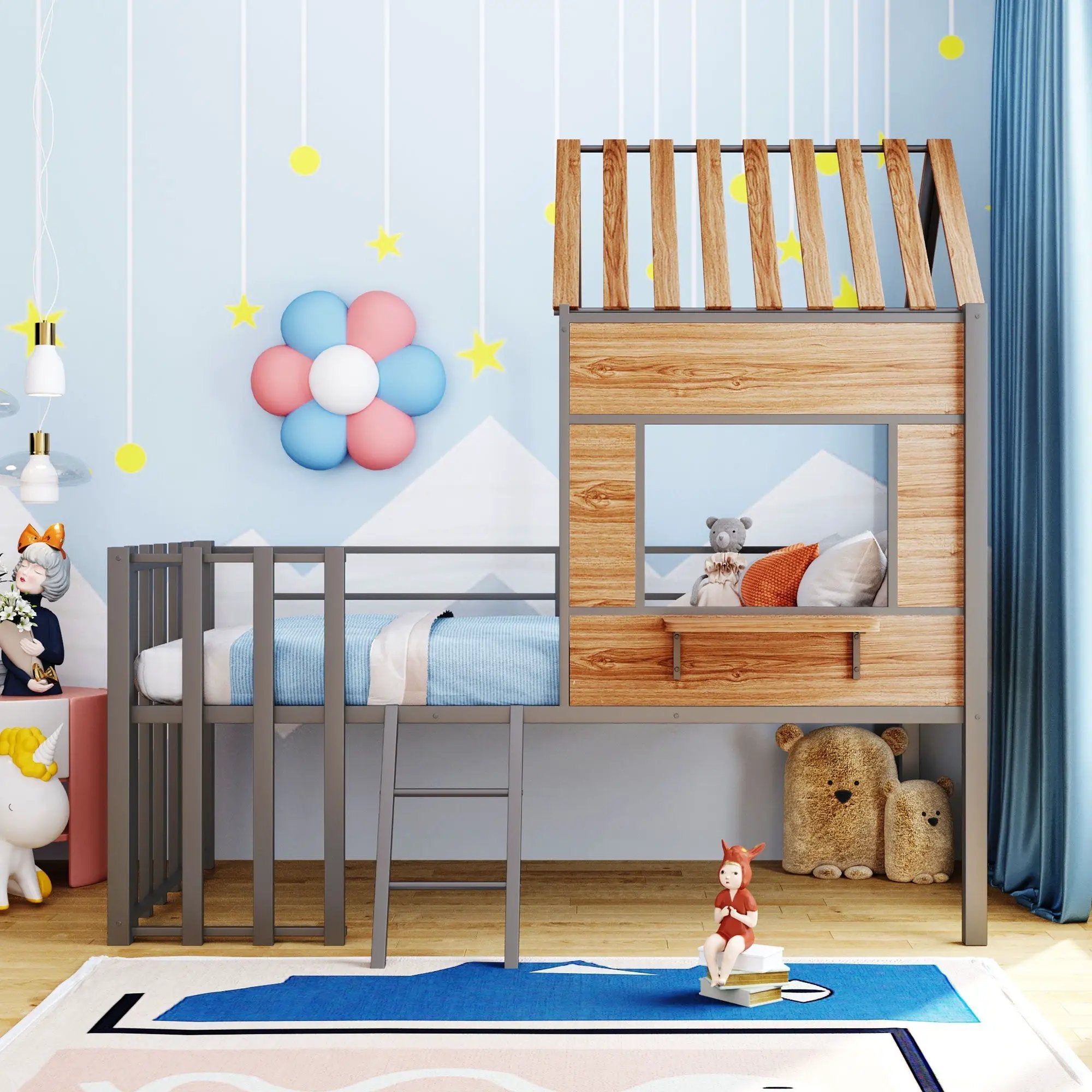 Loft Bed With Roof, Window, Guardrail, Ladder by HouseOfZazla