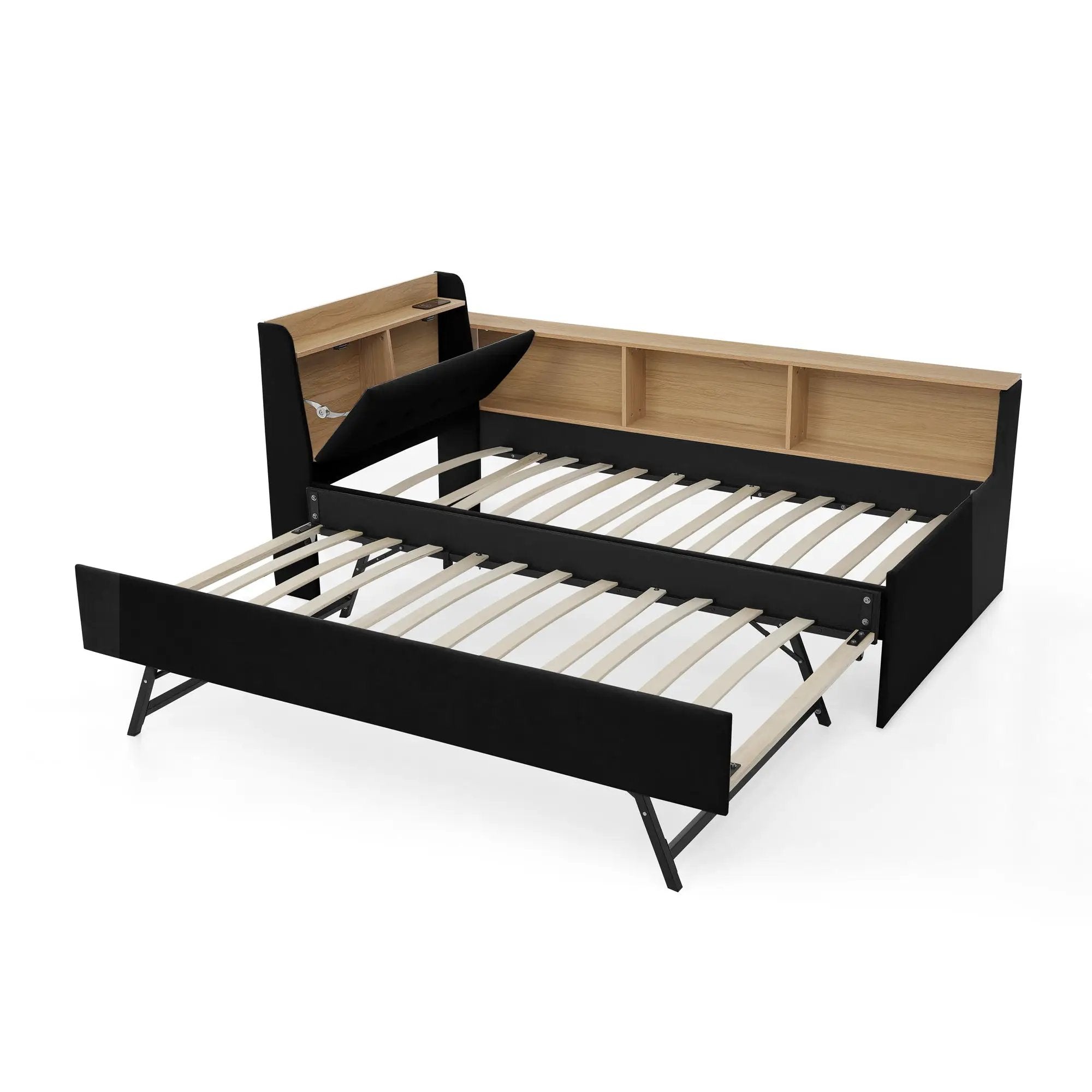 Upholstered Daybed With Storage Headboard, Wireless Charging, LED Lights