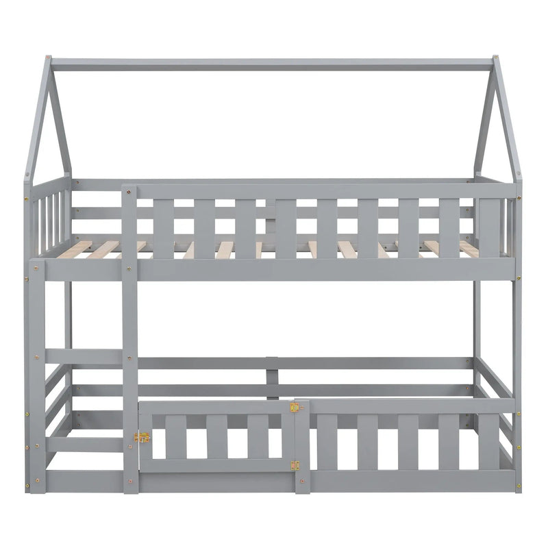 Twin Over Twin House Bunk Bed With Fence And Door by HouseOfZazla