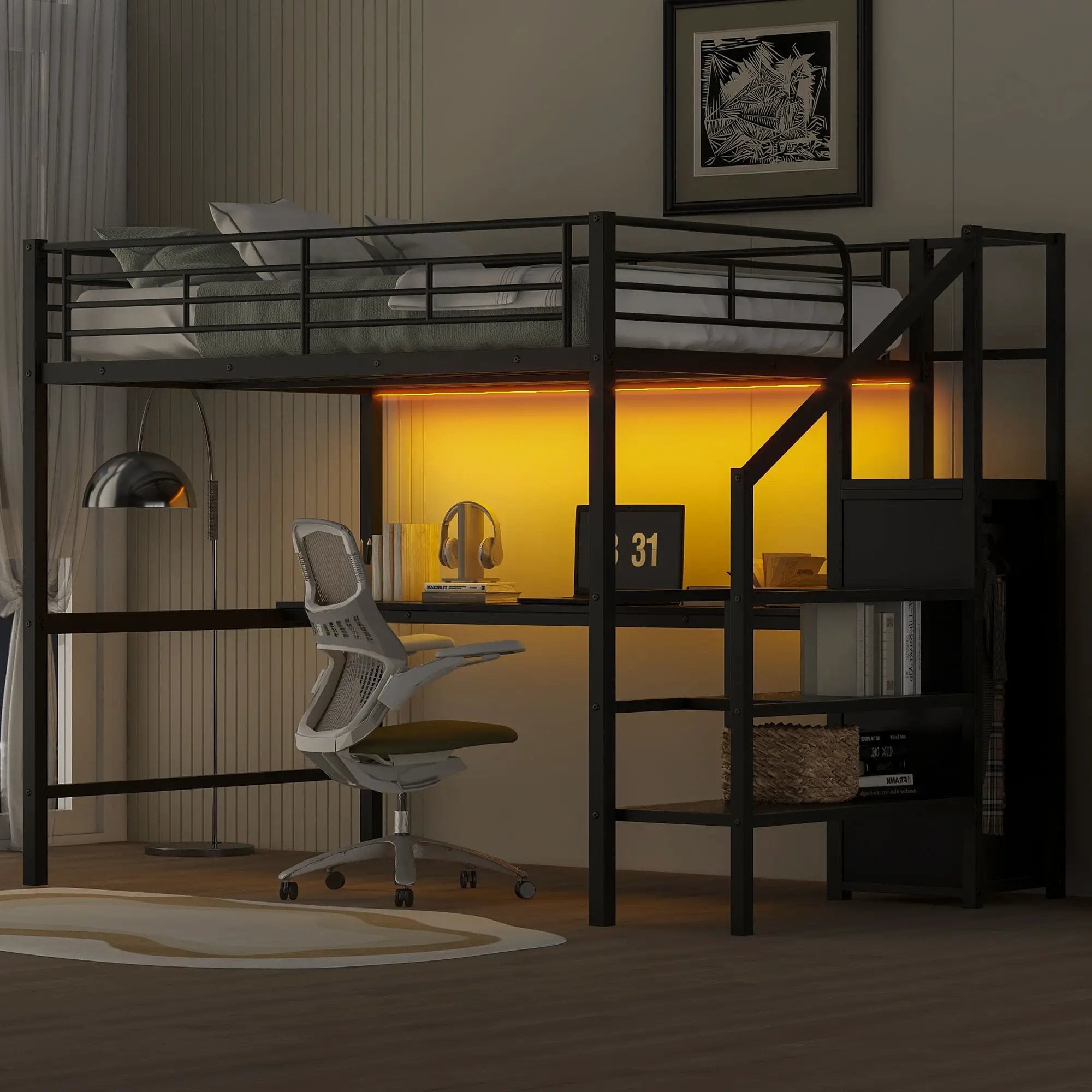 Full Size Loft Bed With Desk, Storage Staircase, Small Wardrobe And LED Light - Black by HouseOfZazla