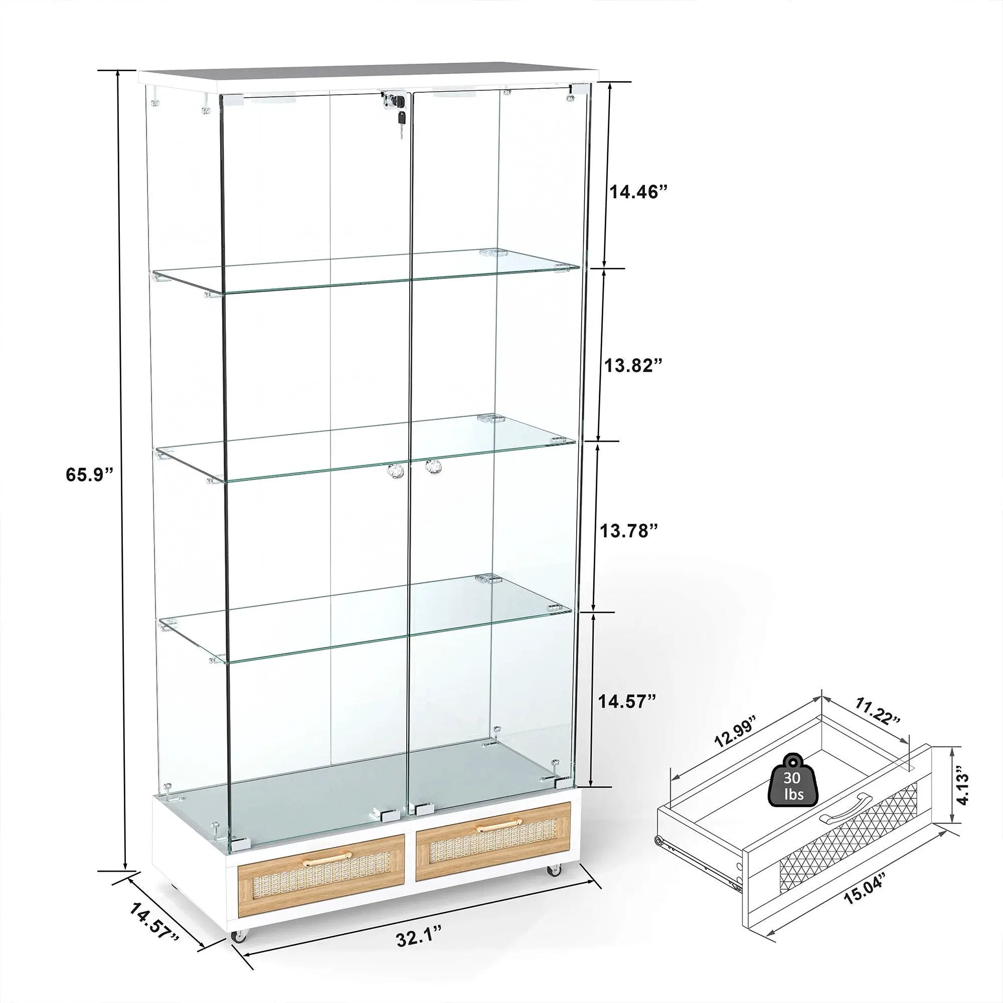 Glass Display Cabinet With LED Lights, Tempered Glass Doors, Large Drawers, 2 Door Storage Case With 4 Shelves - Natural / White by Unique Piece Furniture