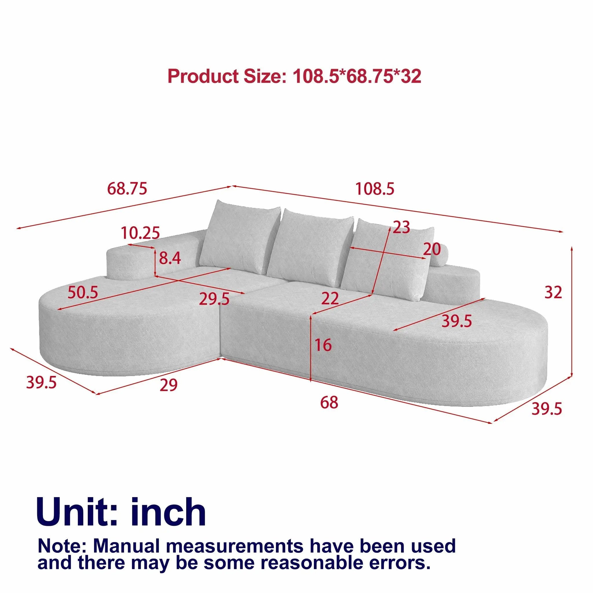 Modern Curved Sofa, L-Shaped Modular Sectional Set With 3 Pillows