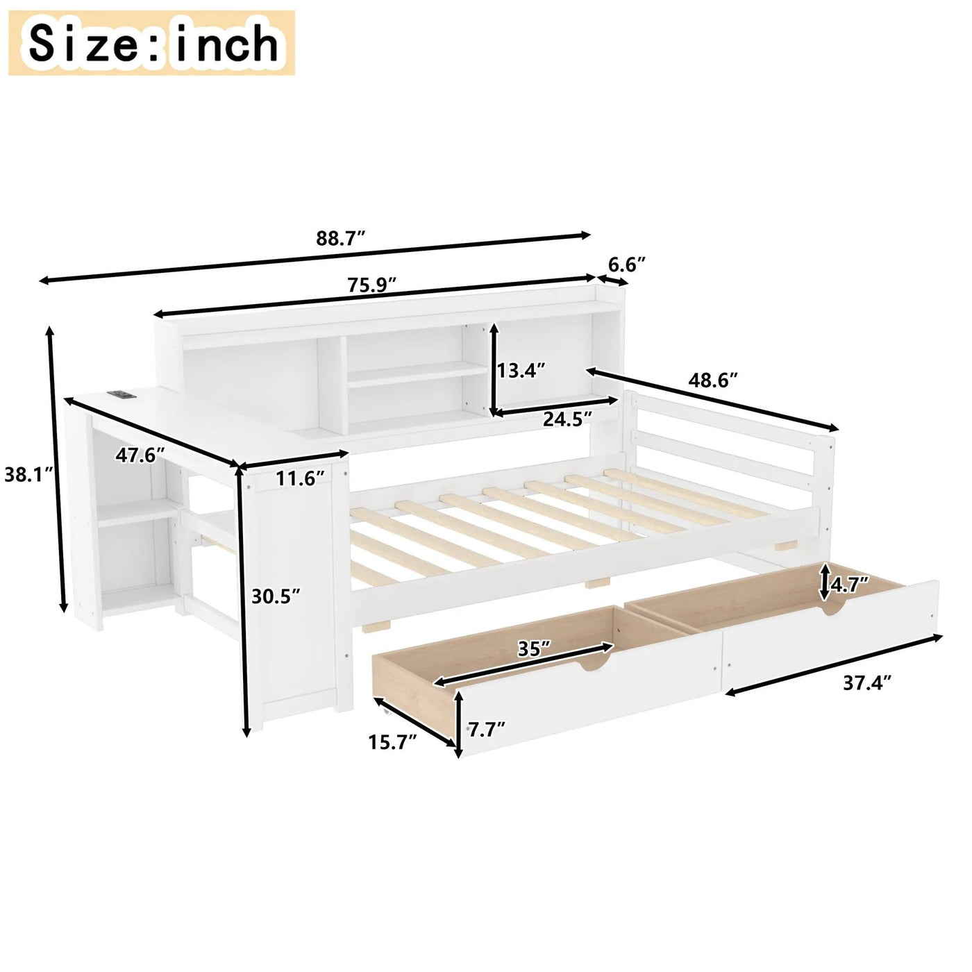 Corner Daybed With Storage Drawers, Desk, Charging Port & Bookcase by Unique Piece Furniture