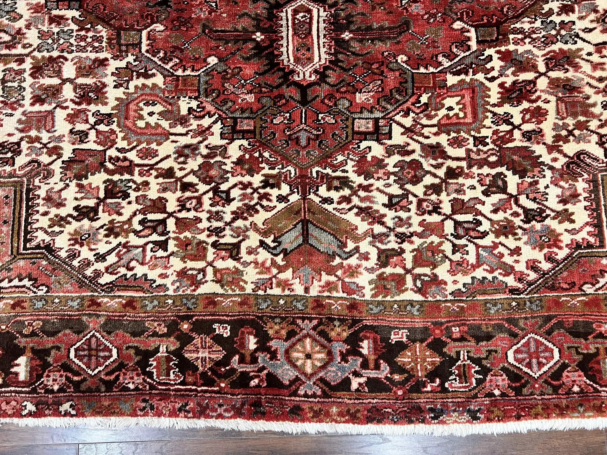 Large Persian Heriz Rug 10x13, Red and Cream Geometric Tribal Room Sized Handmade Wool Hand Knotted Semi Antique Decorative Oriental Carpet by Jewel Rugs