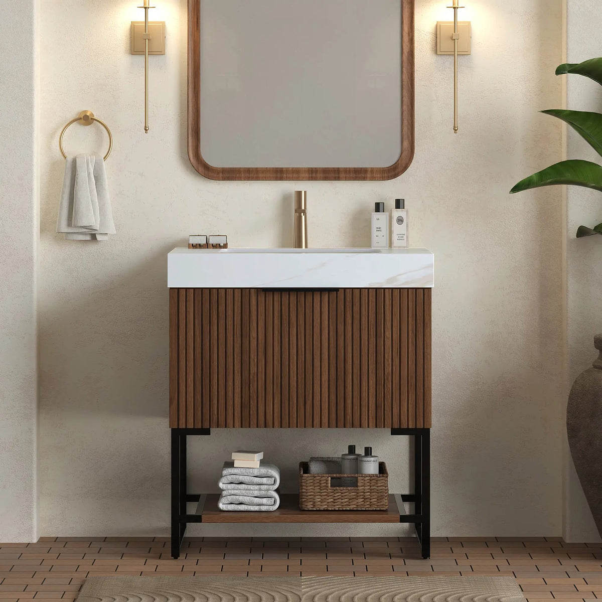 YOLAN 30" Bathroom Vanity & Sink, Freestanding Striped Plywood Storage Cabinet by HouseOfZazla