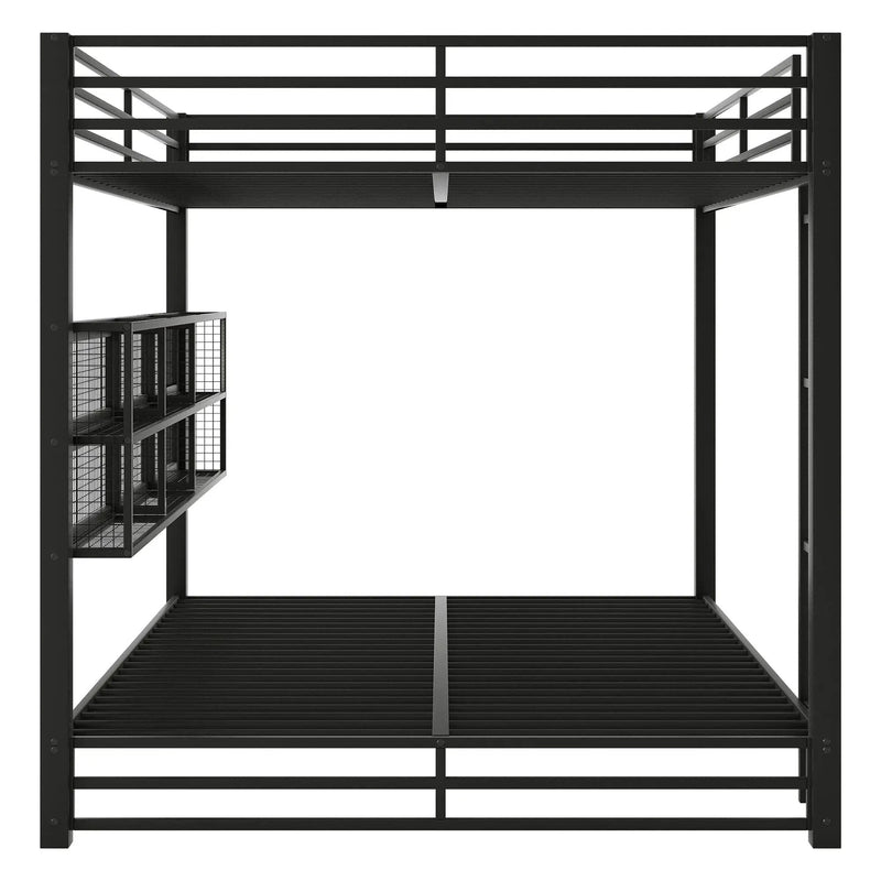 Queen Over Queen Bunk Bed With Storage Cabinets And LED Sturdy Frame, 6 Storage Units, Adjustable LED Lights - Black by HouseOfZazla