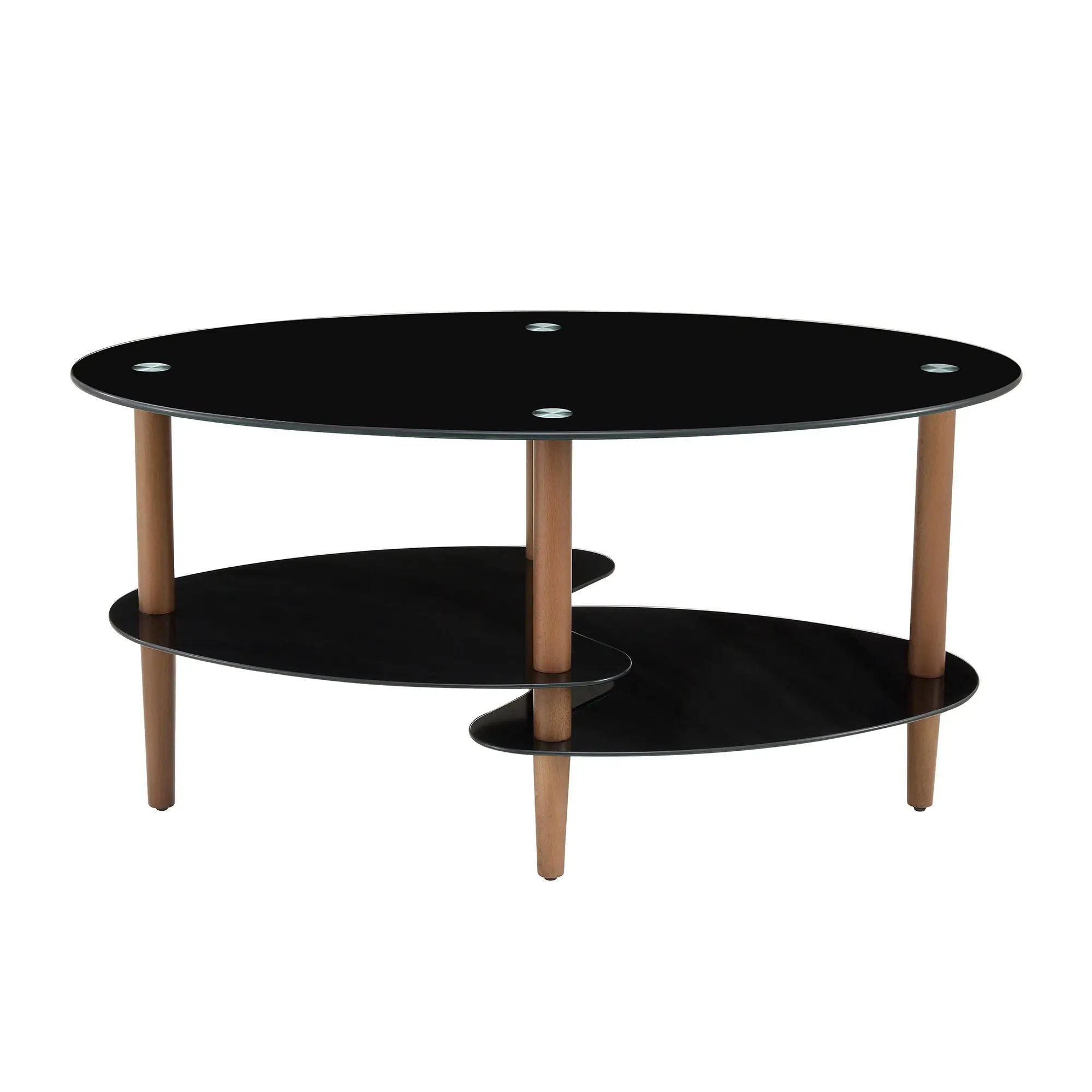 Oval Glass Coffee Table, Modern Table In Living Room Oak Wood Leg Tea Table 3-Layer Tempered Glass Table - Brown / Black by Unique Piece Furniture