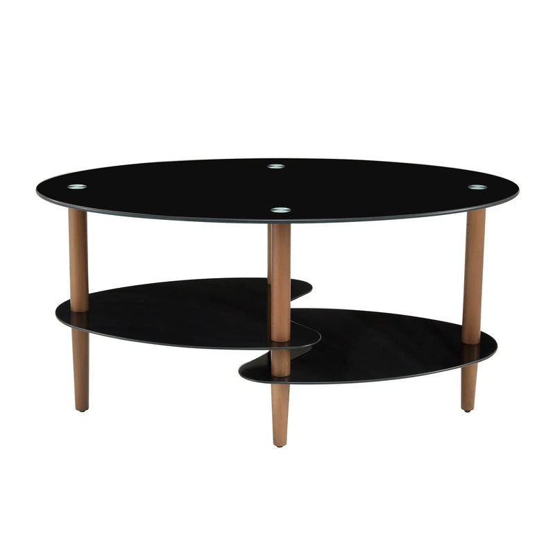 Oval Glass Coffee Table, Modern Table In Living Room Oak Wood Leg Tea Table 3-Layer Tempered Glass Table - Brown / Black by Unique Piece Furniture