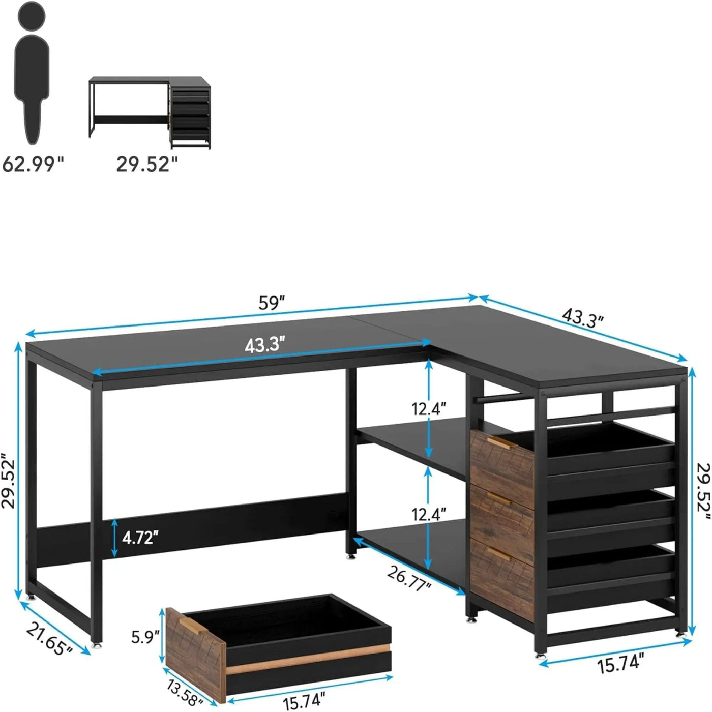 L-Shaped Computer Desk With Drawers And Shelves, Workstation For Home Office by HouseOfZazla