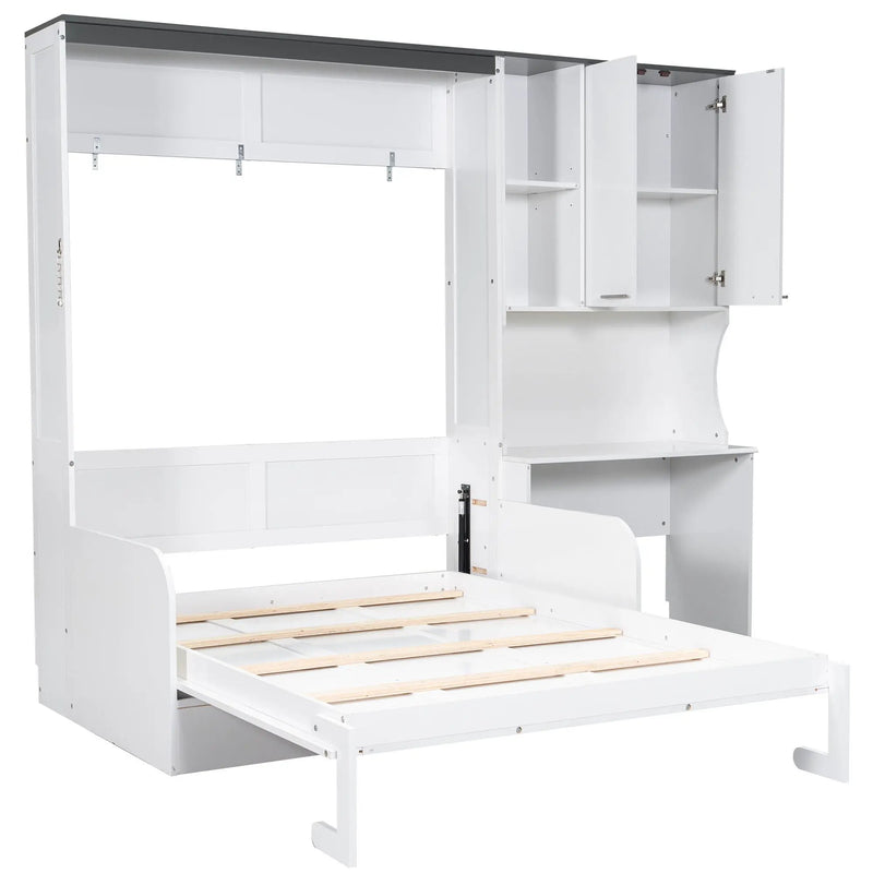 Multi Functional Murphy Bed With Sofa, Desk, And Storage Cabinet In, Full Size - White by Unique Piece Furniture