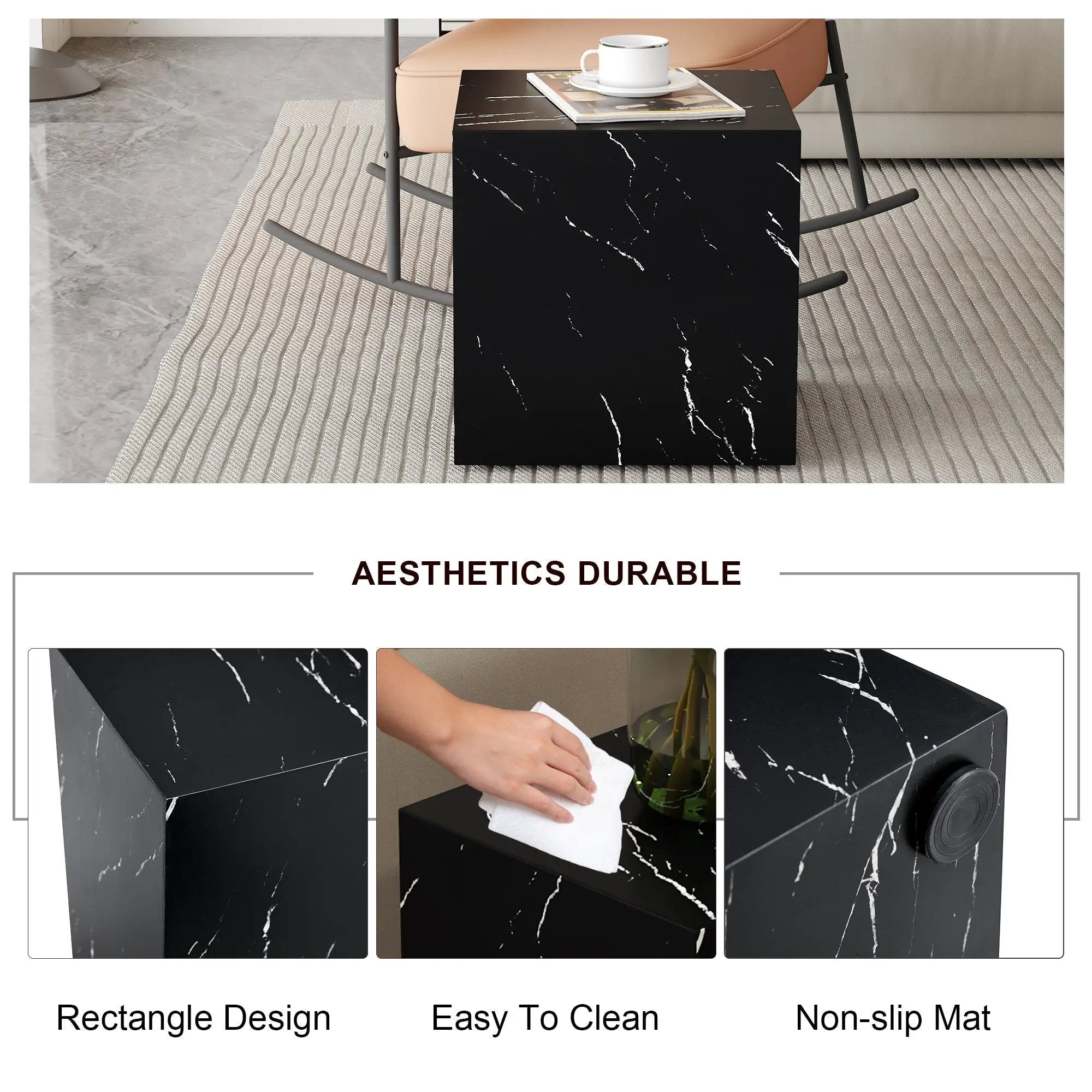 Luxurious Marble Texture Coffee Table Cube Design Elegant Living Room Accent - Black