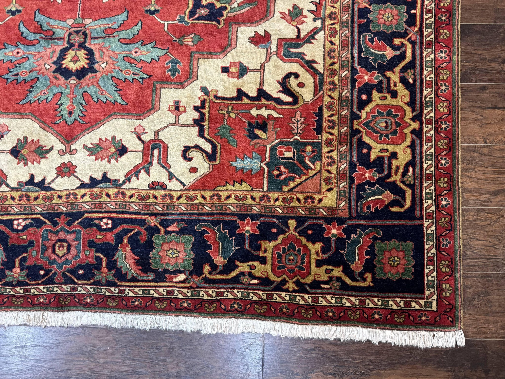 Persian Heriz Serapi Rug 8 x 10.6, Geometric Medallion, Great Colors, Rare, Red Navy Blue Ivory by Jewel Rugs
