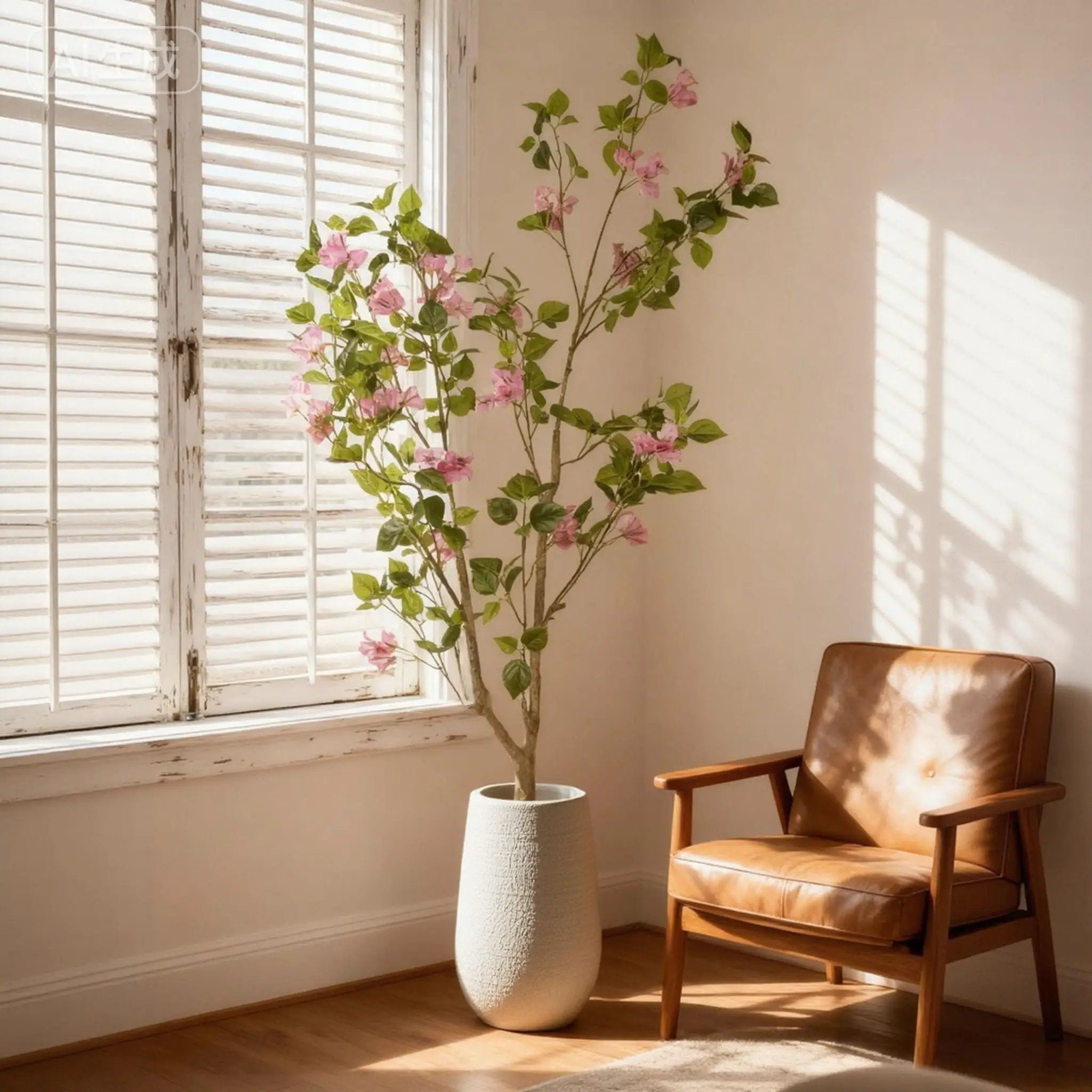 Artificial Bougainvillea Tree, Realistic Faux Plant In Pot, Indoor Decor For Home - Baby Pink / Green Leaf by Unique Piece Furniture