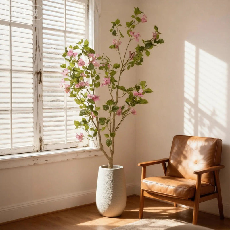 Artificial Bougainvillea Tree, Realistic Faux Plant In Pot, Indoor Decor For Home - Baby Pink / Green Leaf by HouseOfZazla