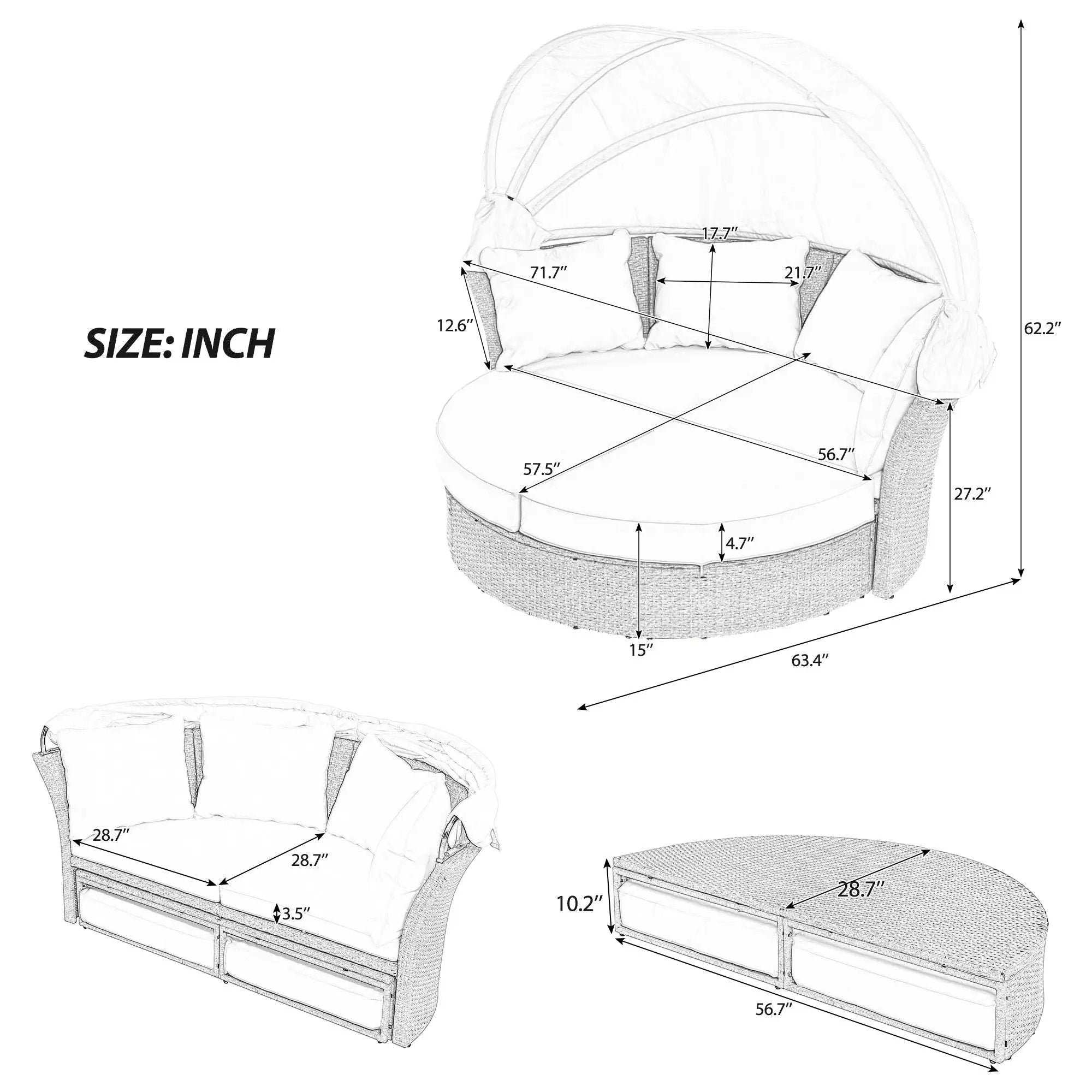 Outdoor Patio Daybed Wicker Rattan Double Daybed Round Sofa Furniture Set With Retractable Canopy, 4 Pillows For Lawn Garden by Unique Piece Furniture