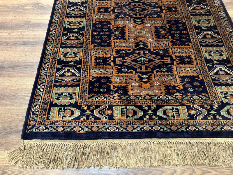 Vintage Afghan Rug 4x6, Navy Blue and Light Brown, Geometric Medallions, Wool on Wool, Tribal Rug by Jewel Rugs