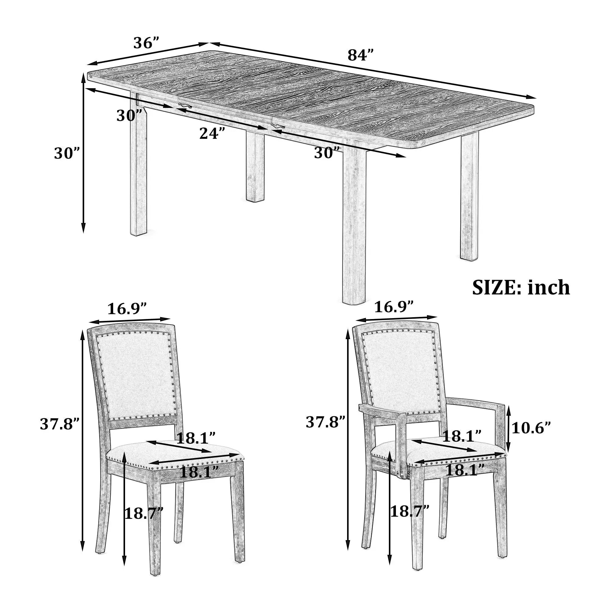 Topmax - Rustic Extendable Dining Table Set With Removable Leaf, 6 Upholstered Armless Dining Chairs And 2 Padded Arm Chairs, 9 Pieces by HouseOfZazla