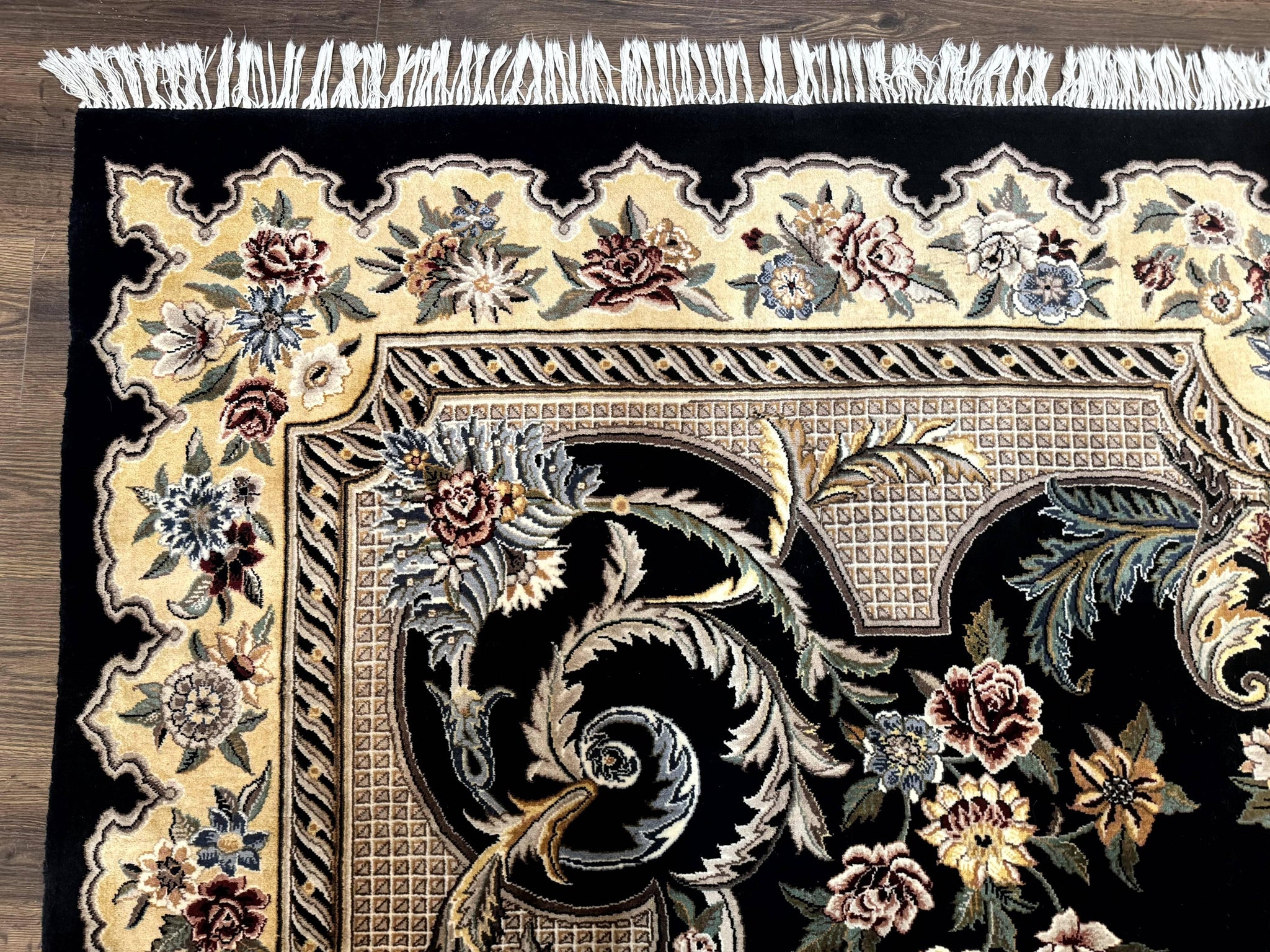 Aubusson Rug 9x12, Black and Beige, Floral, Elegant Handmade French European Design Carpet by Jewel Rugs