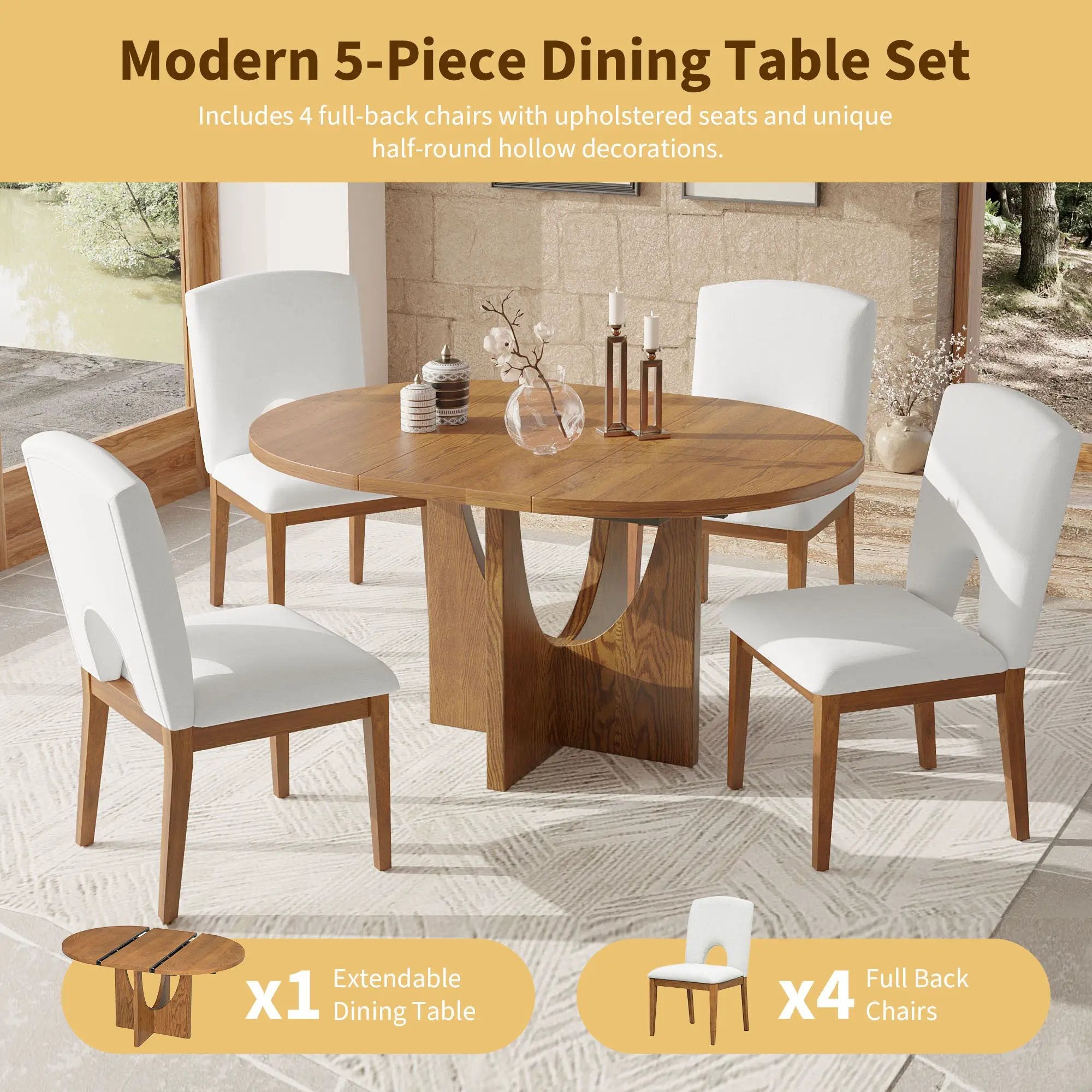 Topmax - 5 Piece Modern Extendable Round Dining Table Set With Removable Leaf For Small Places by HouseOfZazla
