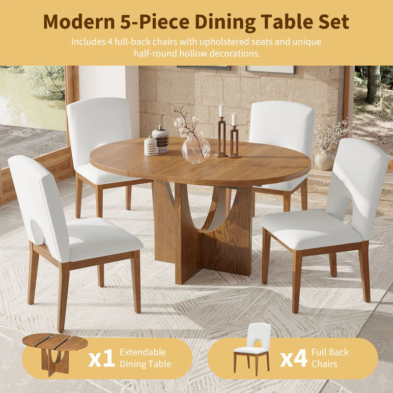 Topmax - 5 Piece Modern Extendable Round Dining Table Set With Removable Leaf For Small Places by HouseOfZazla