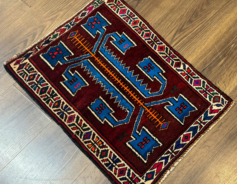 Persian Tribal Rug 1.8 x 2, Small Balouchi Rug, Unique Design, Burgundy and Blue by Jewel Rugs