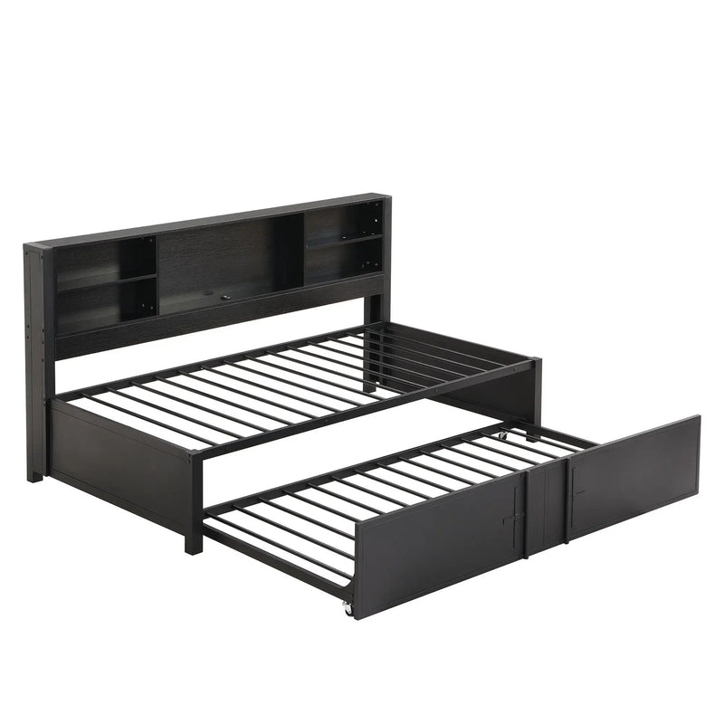 Industrial Metal Daybed With Trundle, Storage Shelves, USB Ports by HouseOfZazla