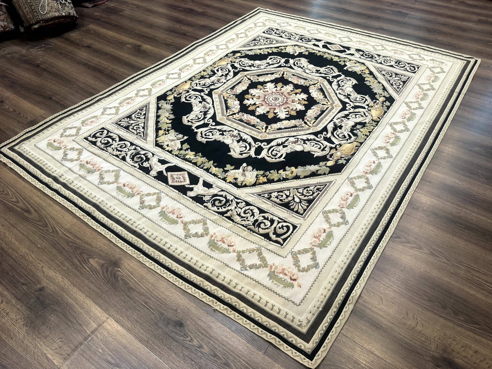 Aubusson Rug 6x8, European Design, Lion Pictorials, Black by Jewel Rugs