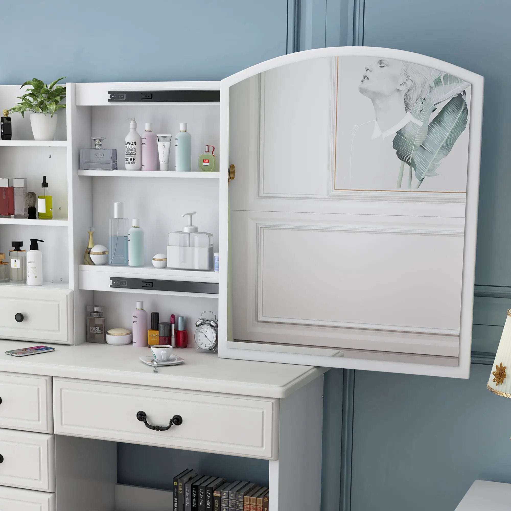 Fashion Vanity Desk With Mirror And Adjustable Lighting, 6 Drawers, 3 Color Light Modes - White by Unique Piece Furniture