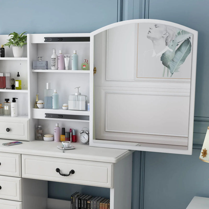 Fashion Vanity Desk With Mirror And Adjustable Lighting, 6 Drawers, 3 Color Light Modes - White by Unique Piece Furniture