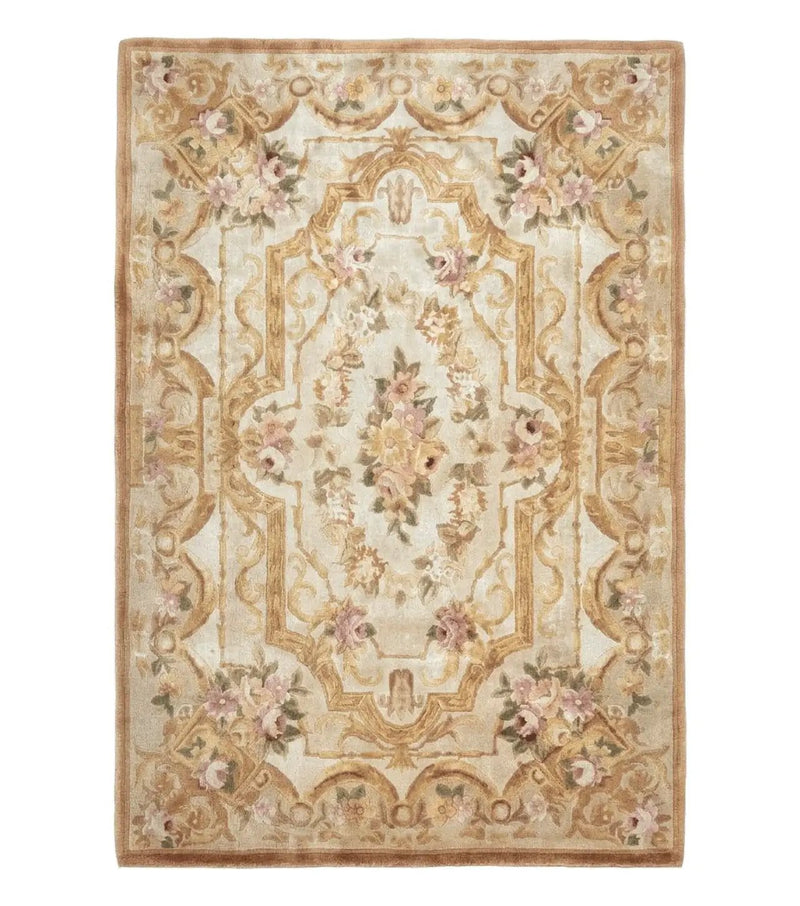Chinese Aubusson Rug 3.6 x 5, Beige and Gold, Handmade Vintage Elegant European Design Carpet, Plush Wool, Handmade by Jewel Rugs