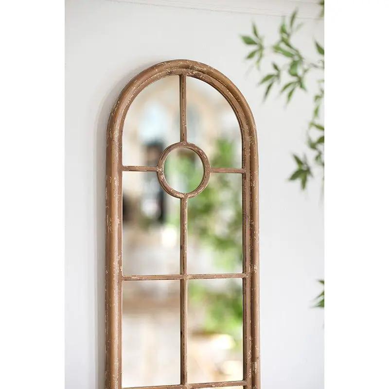 Half Round Elongated Mirror With Decorative Window Look Classic Architecture Style Solid Fir Wood Interior Decor - Brown by HouseOfZazla