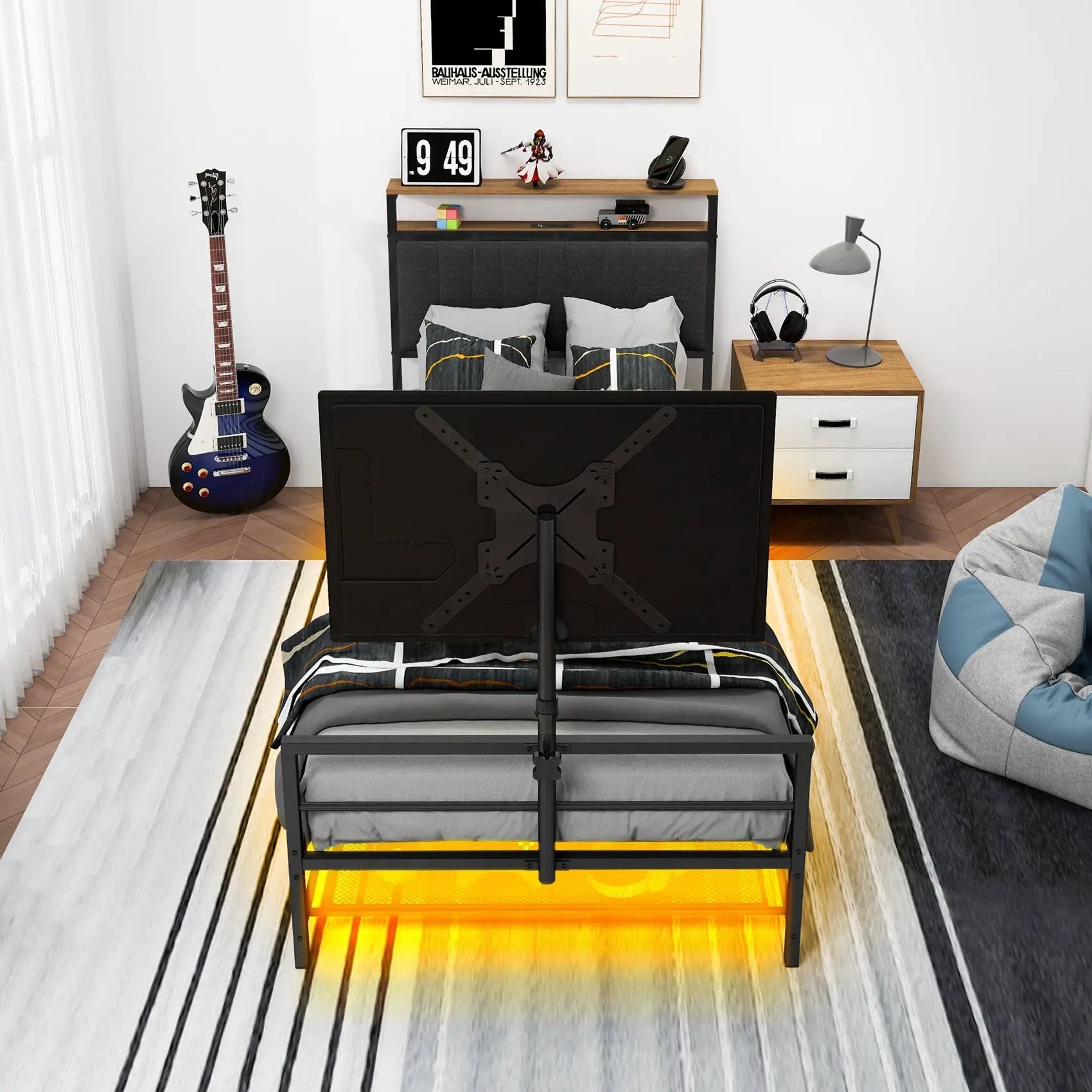 Twin Size Gaming Bed with Rotating TV Mount and LED Lighting by HouseOfZazla