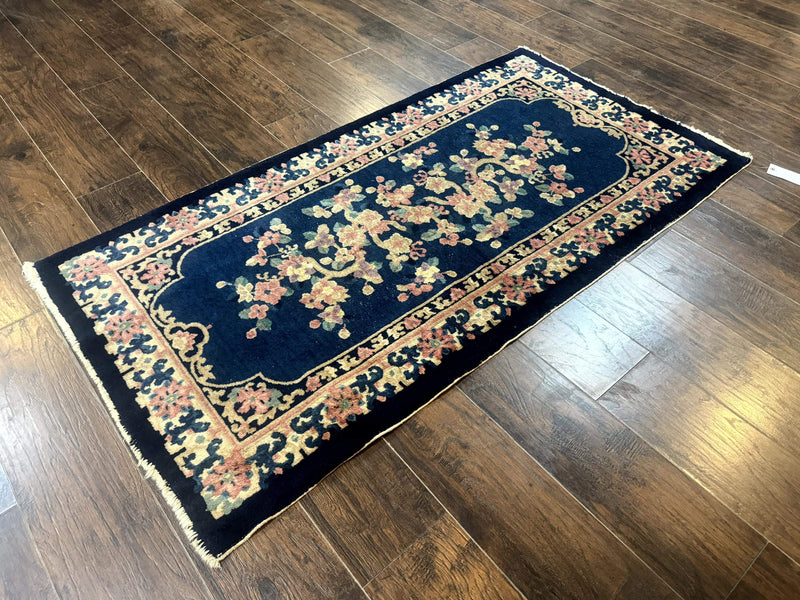 Blue and Beige Chinese Wool Rug 3x6, Chinese Fete Rug, Peking Rug, Antique Chinese Carpet by Jewel Rugs