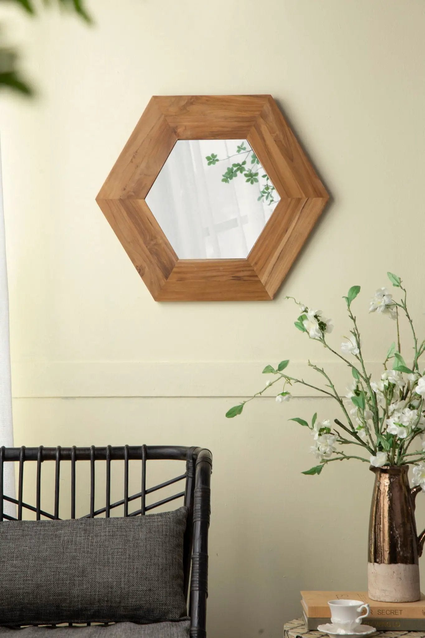 Hexagon Mirror With Natural Wood Frame, Wall Decor For Living Room Bathroom Hallway by HouseOfZazla